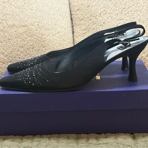 Vintage Stuart Weitzman Black Suede Slingback Heels with Rhinestone Accents